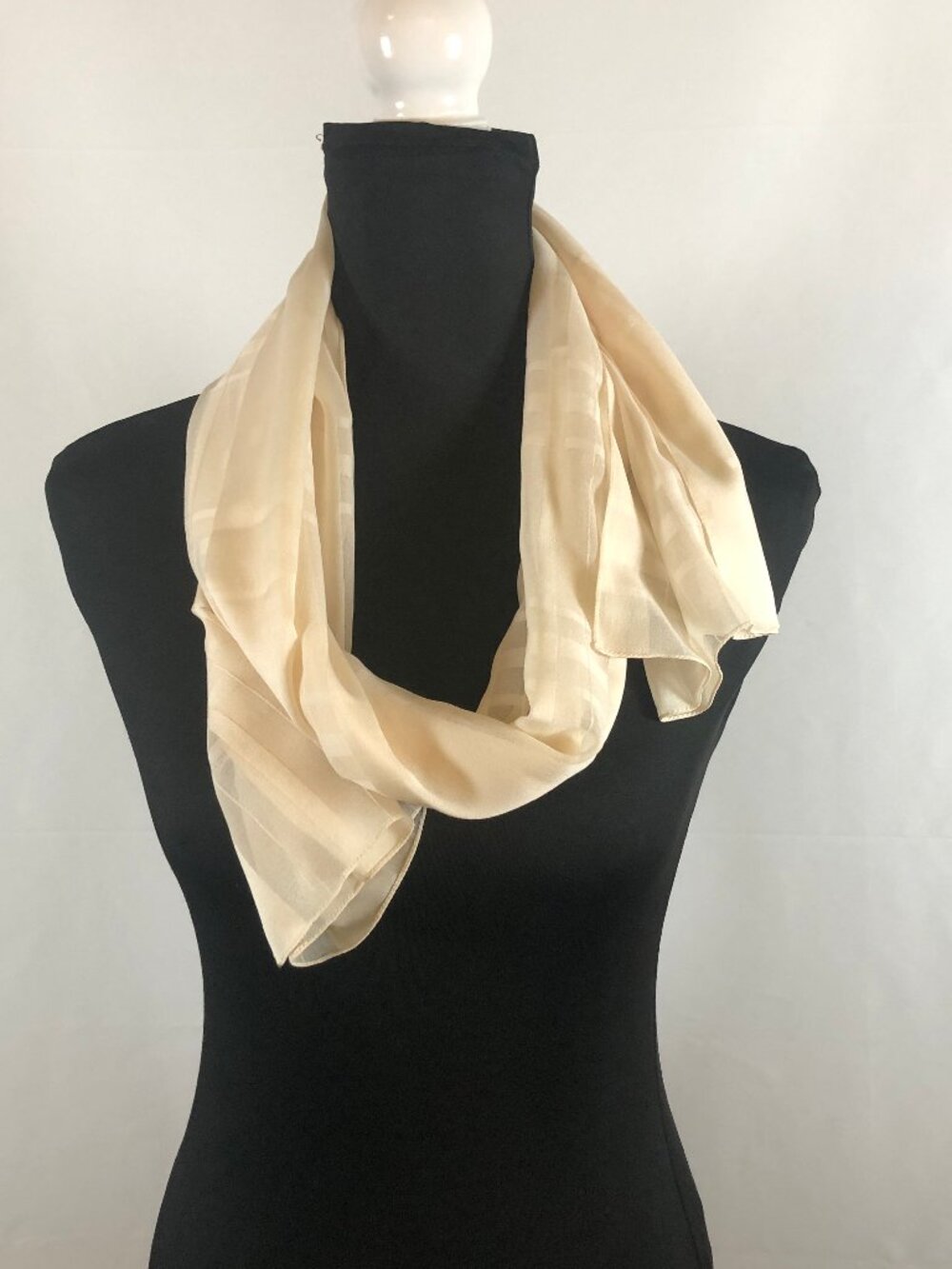 Vintage Sheer Ivory/Champagne Plaid Scarf — Quiet Luxury Minimalist Elegance - Picture 6 of 13